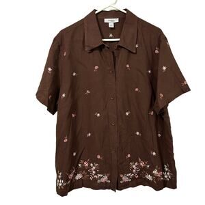Dress Barn Linen Blend Shirt 16W Brown Floral Embroidered Button Up Top